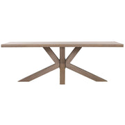 The Marlo Dining Table by vendor-unknown features a rectangular wooden top with a light brown finish and a distinctive geometric X-shaped spider leg base.