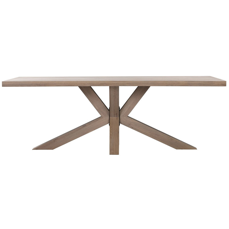 The Marlo Dining Table by vendor-unknown features a rectangular wooden top with a light brown finish and a distinctive geometric X-shaped spider leg base.