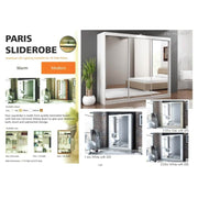 A catalog page shows the Paris sliderobe, a modern sliding wardrobe with mirrored doors and optional LED lighting, displayed beside a sleek white table. The Paris sliderobe is available in different sizes and configurations.
