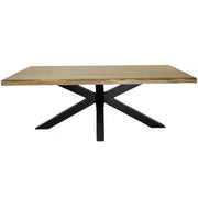 The Richmond Table by vendor-unknown is a rectangular solid oak dining table with a light natural finish and a black metal X-shaped base, shown against a plain white background for an industrial look.