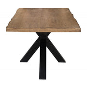 The Richmond Table by vendor-unknown is a square solid oak dining table with a natural live-edge top and black metal X-shaped base, offering an industrial look when viewed from the front.