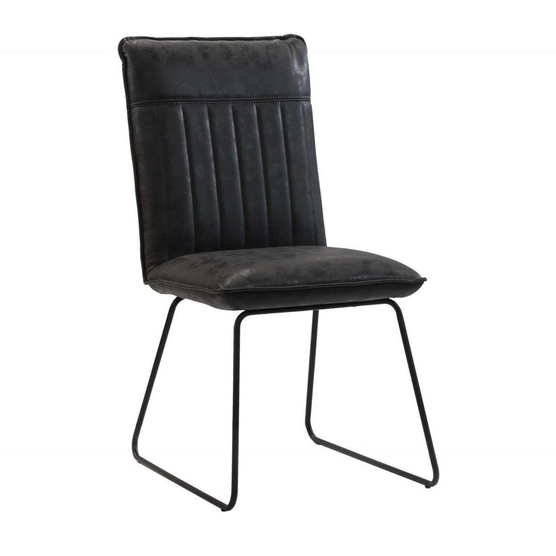 A black dining chair with a hard backrest and seat, featuring a metal base and upholstered in PU leather.