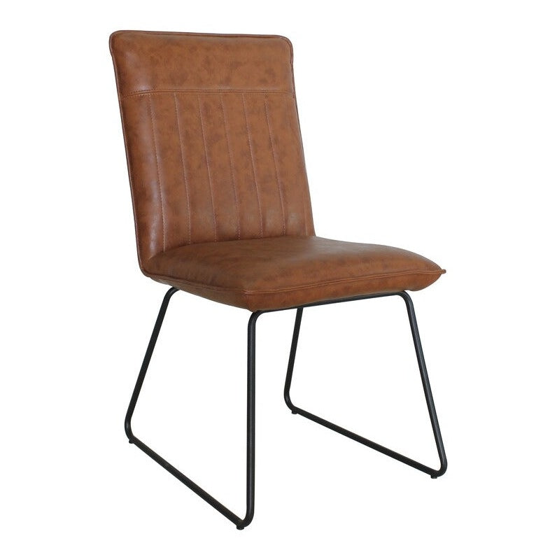 The Richmond Dining Chair features brown PU leather, a padded seat and backrest with vertical stitching, and thin black metal sled legs for a sleek industrial look.