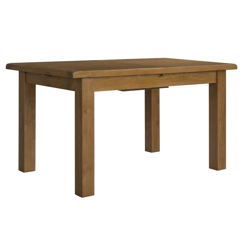 A traditional solid oak extending dining table with a smooth finish and soft rounded edges, shown in a closed position.