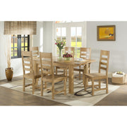 A dining room features the Saoirse 1.4 Extending Table with six matching chairs on a light rug, a vase of flowers on the table, large windows, a wall painting, and a woven light fixture overhead.