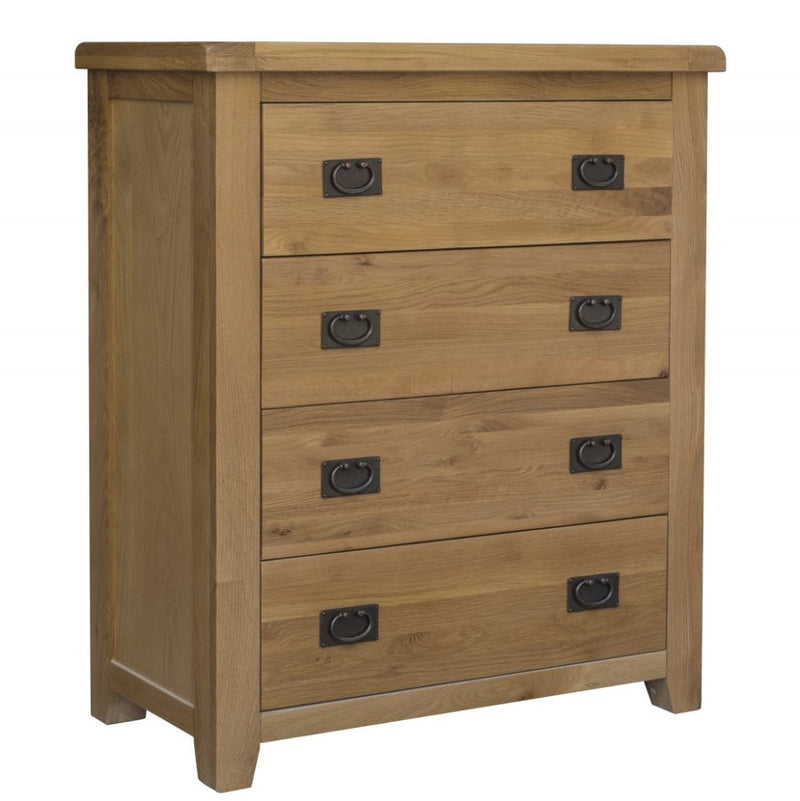 The Saoirse tall chest, a sturdy rectangular wooden piece with four drawers, metal handles, and a lacquered finish, is a perfect addition to classic bedroom décor.