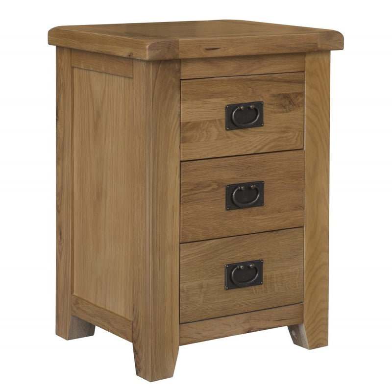 A chunky solid oak bedside locker with three drawers, featuring a shiner lacquered finish and dark knob handles.