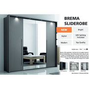 The Brema Sliderobe wardrobe features modern sliding doors, LED lighting, mirrored panels, and spacious storage. Stylish and high-quality design from vendor-unknown. Product name BREMA SLIDEROPE displayed at the top.