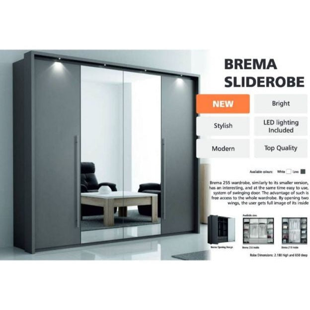 The Brema Sliderobe wardrobe features modern sliding doors, LED lighting, mirrored panels, and spacious storage. Stylish and high-quality design from vendor-unknown. Product name BREMA SLIDEROPE displayed at the top.