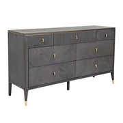 Modern long chest of drawers with three small top drawers and three large bottom drawers, finished in a dark stain with textured fronts and gold metal detailing.