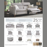 The Otis Sofa Range features a light gray, 3-seater modern recliner with wooden legs, adjustable headrests, armrest options, Aquaclean fabrics, and offers a 25-year frame guarantee. Check the chart below for sizes and features.