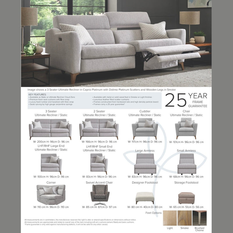 The Otis Sofa Range features a light gray, 3-seater modern recliner with wooden legs, adjustable headrests, armrest options, Aquaclean fabrics, and offers a 25-year frame guarantee. Check the chart below for sizes and features.