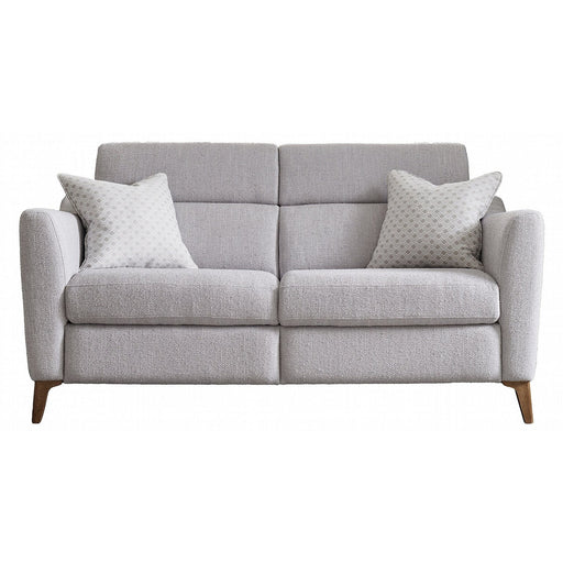 The Otis Range is a modern light gray fabric sofa with supportive lumbar, wooden legs, two matching patterned throw pillows, and a clean-lined design.