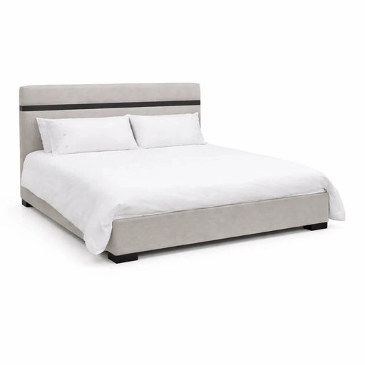 The Neon Bedframe 5ft - Web Special is a modern stone-coloured upholstered bed, featuring a tall headboard with a slim dark stripe, complemented by white bedding and two white pillows, set against a plain white background.