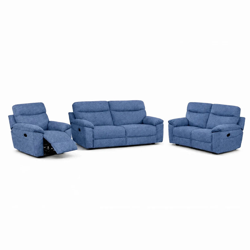 The Vera Recliner Sofa set includes a blue three-piece fabric living room suite with a reclining armchair, recliner sofa, and two-seater loveseat—all featuring cushioned seats and armrests on a white background.