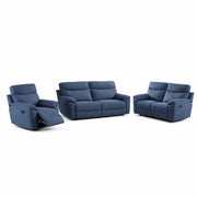 The Vera Recliner Sofa set in blue features a recliner sofa (extended), a two-seater loveseat, and a three-seater sofa, all with plush cushions and upholstered armrests for comfort in your living room.