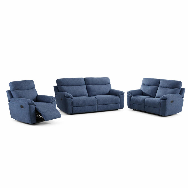 The Vera Recliner Sofa set in blue features a recliner sofa (extended), a two-seater loveseat, and a three-seater sofa, all with plush cushions and upholstered armrests for comfort in your living room.