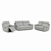The Vera Recliner Sofa set, in gray fabric, includes a recliner sofa (shown extended), a two-seater loveseat, and a three-seater sofa. All pieces are displayed on a white background.