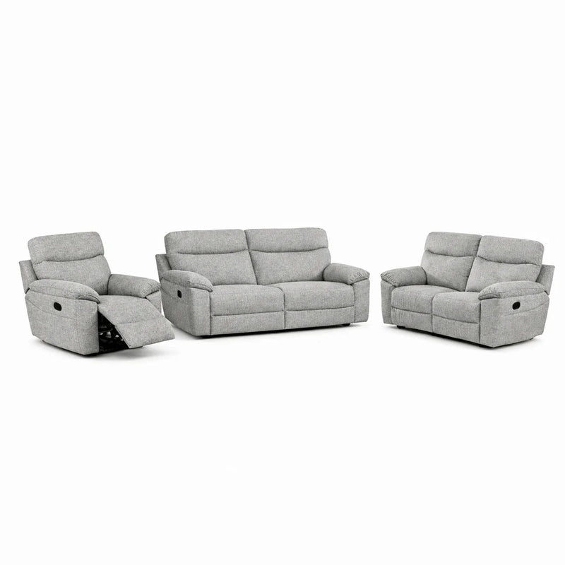 The Vera Recliner Sofa set, in gray fabric, includes a recliner sofa (shown extended), a two-seater loveseat, and a three-seater sofa. All pieces are displayed on a white background.