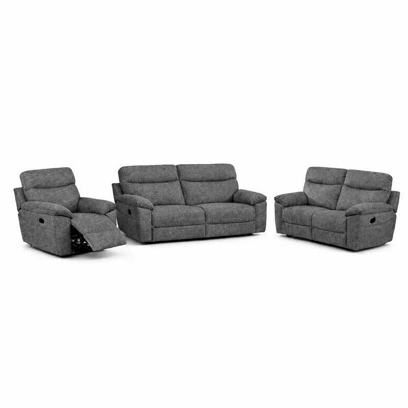 The Vera Recliner Sofa is a three-piece neutral set with a recliner armchair, two-seater, and three-seater—each upholstered in textured fabric for comfortable living room seating.