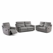 The Vera Recliner Sofa set features a gray fabric recliner sofa, two-seater loveseat, and three-seater sofa. Plush cushions and a partially extended recliner offer comfort, making it ideal for any living room space.