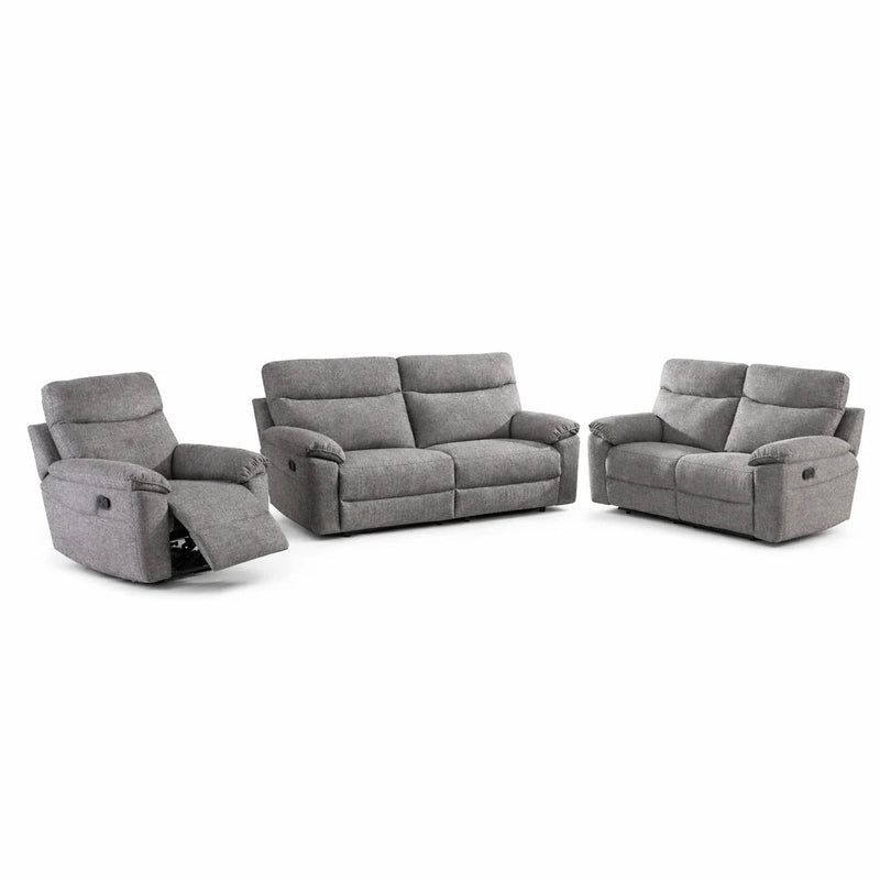 The Vera Recliner Sofa set features a gray fabric recliner sofa, two-seater loveseat, and three-seater sofa. Plush cushions and a partially extended recliner offer comfort, making it ideal for any living room space.