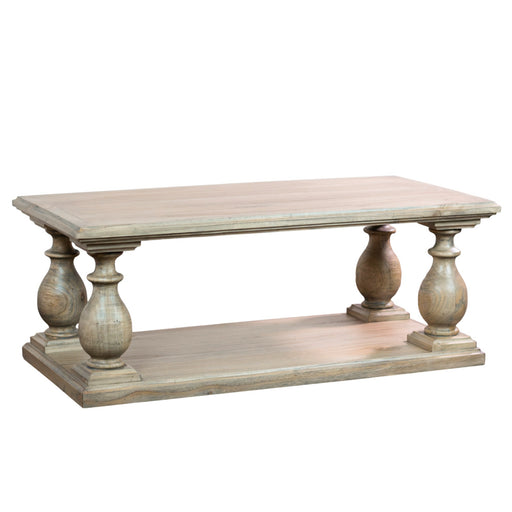 The Marwood Coffee Table features a rectangular wooden design with a natural finish, four ornate turned legs, a lower storage shelf, and classic rustic style. It measures 120 cm wide and stands 45 cm tall.