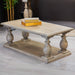 The Marwood Coffee Table, measuring 120 cm wide by 60 cm deep, features ornate turned legs, a lower shelf, and sits on a light wood floor with a decorative box on top and a plant in the background.