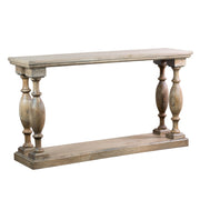 The Marwood Large Console Table features a rectangular top, turned baluster legs, and a lower shelf in a natural wood finish. Measuring 150 cm wide and 82 cm high, it’s perfect for stylish storage or display in any room.