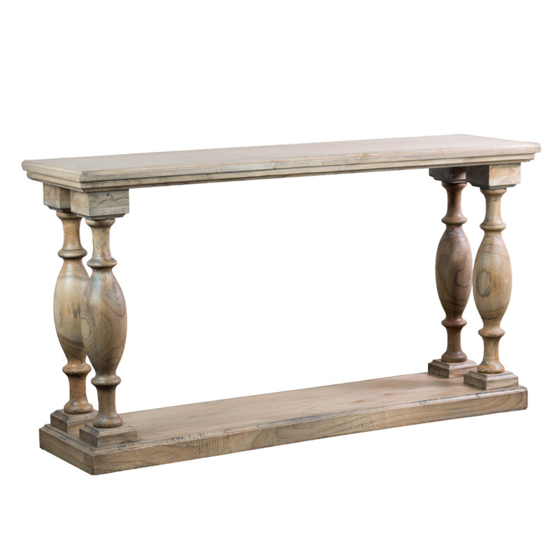 The Marwood Large Console Table features a rectangular top, turned baluster legs, and a lower shelf in a natural wood finish. Measuring 150 cm wide and 82 cm high, it’s perfect for stylish storage or display in any room.