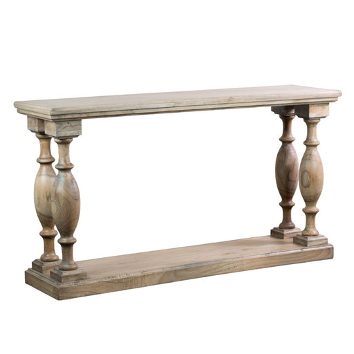 The Marwood Large Console Table features a rectangular top, turned baluster legs, and a lower shelf in a natural wood finish. Measuring 150 cm wide and 82 cm high, it’s perfect for stylish storage or display in any room.