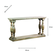 The Marwood Large Console Table features carved, ornate legs, a rustic finish, matching lower shelf and tabletop, and measures 150 cm wide by 82 cm high.