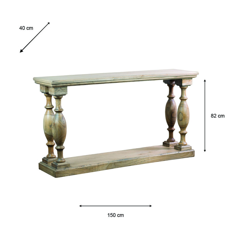 The Marwood Large Console Table features carved, ornate legs, a rustic finish, matching lower shelf and tabletop, and measures 150 cm wide by 82 cm high.