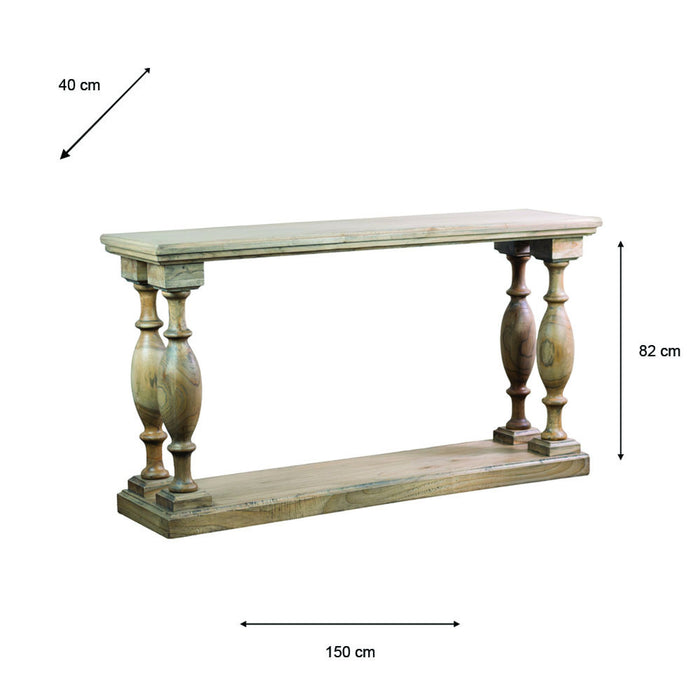 The Marwood Large Console Table features carved, ornate legs, a rustic finish, matching lower shelf and tabletop, and measures 150 cm wide by 82 cm high.