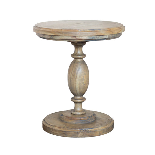 The Marwood Round Side Table features a smooth, round top, a single ornate pedestal base, and a circular bottom support in natural wood finish. Dimensions: 50 cm wide x 57 cm high.
