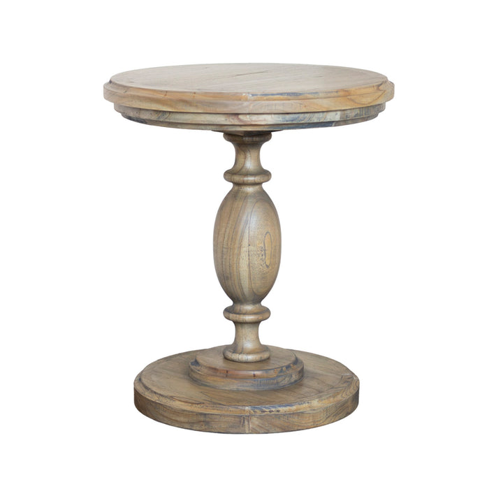The Marwood Round Side Table features a smooth, round top, a single ornate pedestal base, and a circular bottom support in natural wood finish. Dimensions: 50 cm wide x 57 cm high.