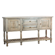The Marwood Large Sideboard Console has a natural wooden finish, two drawers, two cabinet doors, an open slatted lower shelf, and six turned legs. Dimensions: 82 cm high, 150 cm wide.