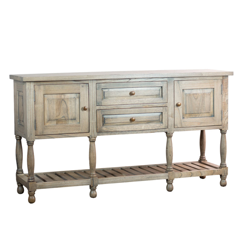 The Marwood Large Sideboard Console has a natural wooden finish, two drawers, two cabinet doors, an open slatted lower shelf, and six turned legs. Dimensions: 82 cm high, 150 cm wide.