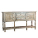 The Marwood Large Sideboard Console has a natural wooden finish, two drawers, two cabinet doors, an open slatted lower shelf, and six turned legs. Dimensions: 82 cm high, 150 cm wide.