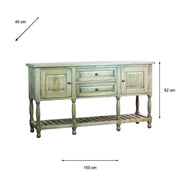 The Marwood Large Sideboard Console features two drawers, two cabinets, a lower slatted shelf, and four turned legs. Dimensions: 150 cm wide, 40 cm deep, and 82 cm high.