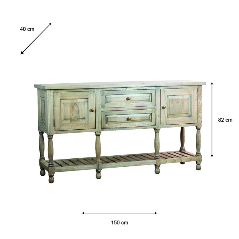 The Marwood Large Sideboard Console features two drawers, two cabinets, a lower slatted shelf, and four turned legs. Dimensions: 150 cm wide, 40 cm deep, and 82 cm high.