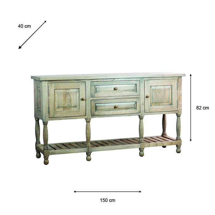 The Marwood Large Sideboard Console features two drawers, two cabinets, a lower slatted shelf, and four turned legs. Dimensions: 150 cm wide, 40 cm deep, and 82 cm high.