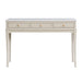 The Monroe Large Console - Stone features a light beige finish, three drawers with round knobs, a marble top, and four tapered legs—an elegant storage piece for your living space.