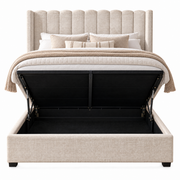 Kildare Storage Bedframe featuring an upholstered, tufted headboard and a mattress lifted to reveal a hollow storage compartment underneath.