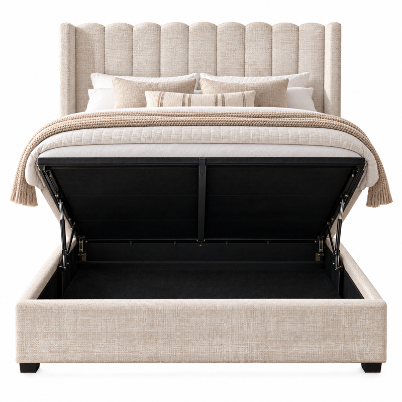 Kildare Storage Bedframe featuring an upholstered, tufted headboard and a mattress lifted to reveal a hollow storage compartment underneath.