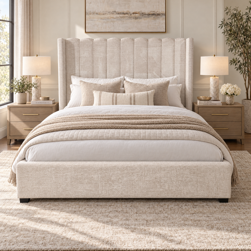 Kildare Storage Bedframe featuring a high, vertical-channel tufted headboard, dressed with a layered white and neutral bedding set.