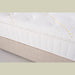 Close-up of the King Koil - Spinal Pocket Pillow Top mattress, featuring a textured, quilted white surface with yellow stitching, set on a beige bed base.