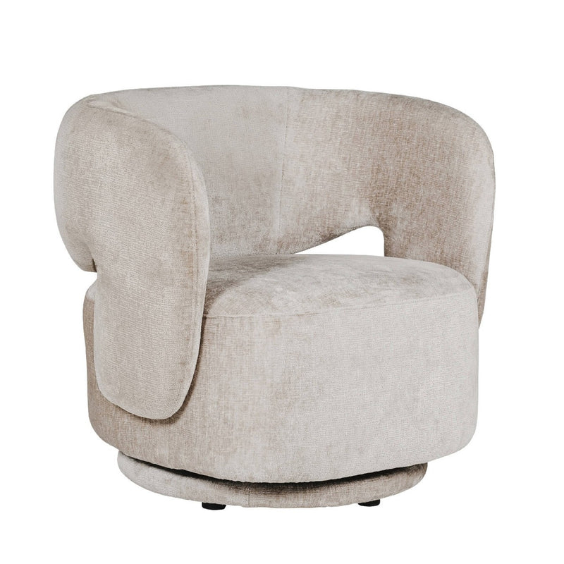 A contemporary design accent chair with a smooth swivel function, upholstered in luxurious mink color.
