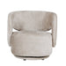 The Koa Accent Chair has a contemporary design with a light beige swivel base, rounded back, curved armrests, and soft textured mink upholstery.
