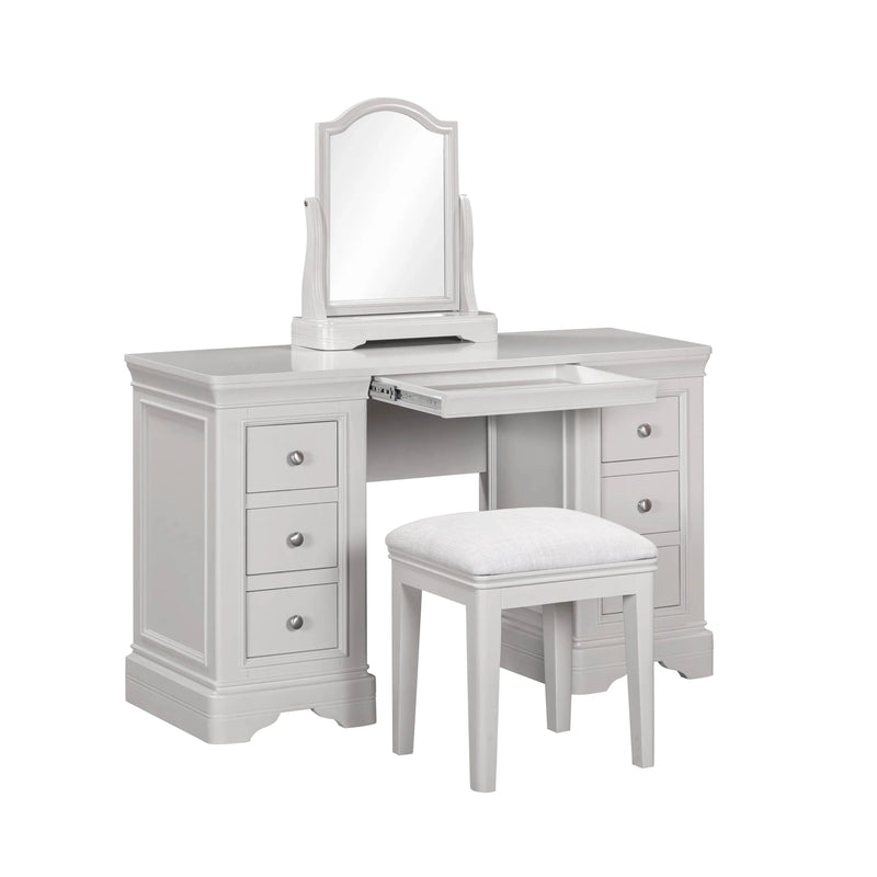 The Lima Dressing Table + Mirror + Stool features a crisp white finish, six spacious drawers, a convenient pull-out tray, an elegant top mirror, and a cushioned stool—making it the perfect timeless and elegant addition to your taupe bedroom collection as part of the complementary Lima Taupe Bedroom Range.
